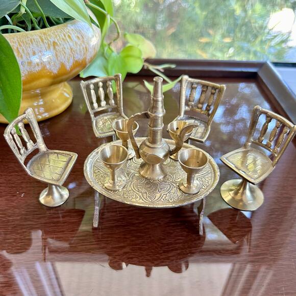Vintage Brass Maharaja Dining Table Chair Set Showpiece – Intricate Miniatures - Picture 2 of 16